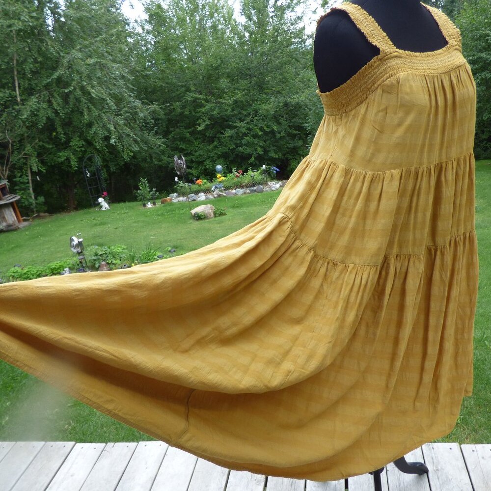 OLD NAVY GOTH BOHO GYPSY PRAIRIE MUSTARD YELLOW A-LINE TIERED MIDI DRESS L NWOT
